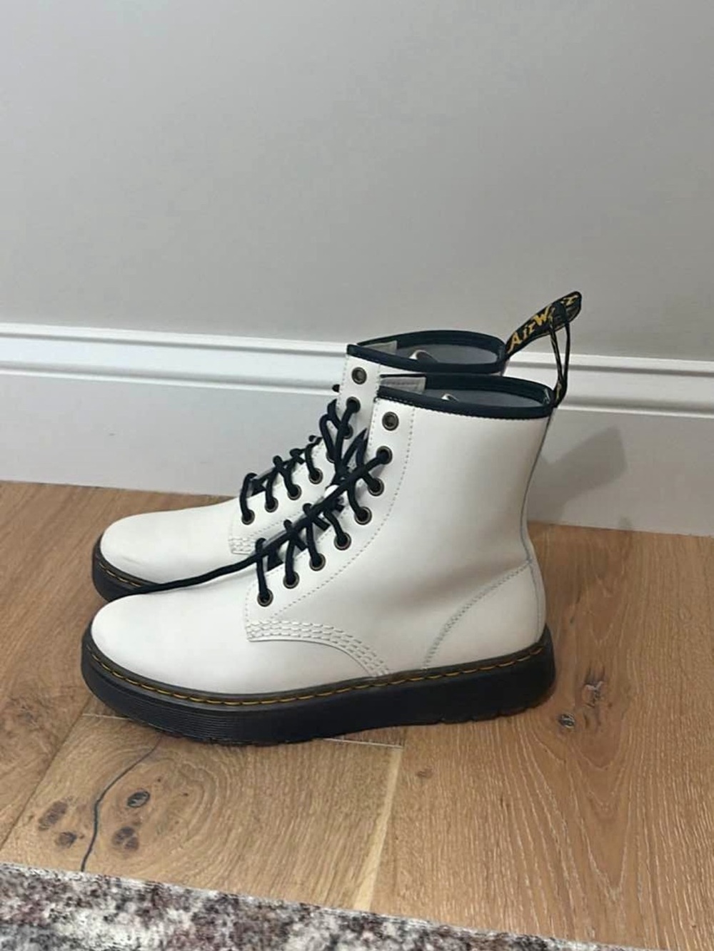 Dr. Martens White Leather Lace-Up Ankle Boots with Black Trim